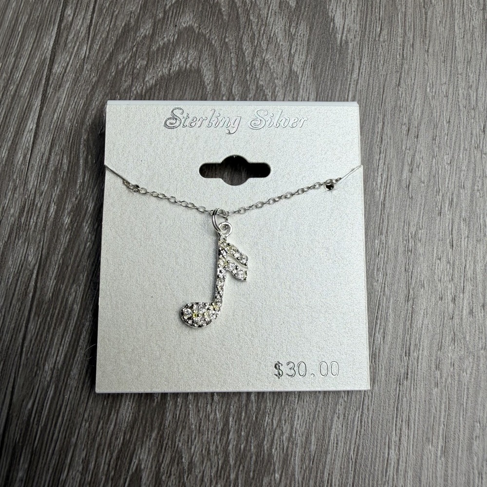 925 Sterling Silver Music Note Pendant Necklace Rhinestone Crystal Charm New